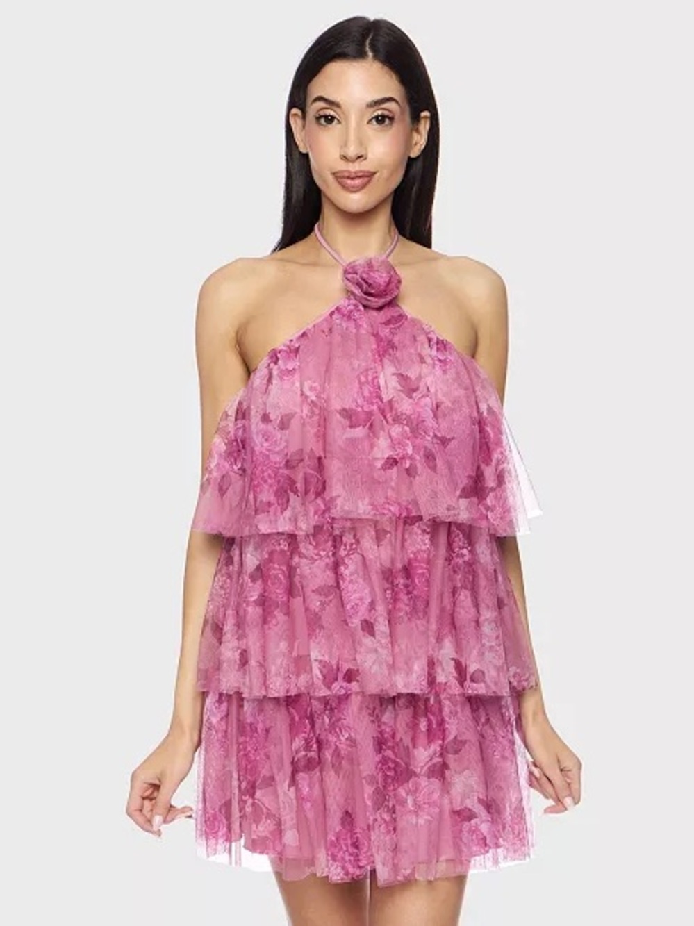 Rose-Embellished Pink Halter Tiered Mini Dress